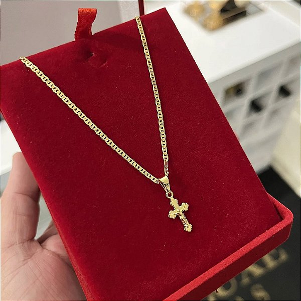 Corrente Piastrine 2mm + Pingente Crucifixo com Jesus – Escolha 50cm, 60cm ou 70cm – Banhada a Ouro 18K