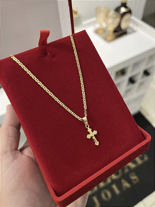 CORRENTE PIASTRINE ( 2mm - 50, 60cm ou 70cm) + PINGENTE  CRUCIFIXO PP  - BANHADO A OURO 18k