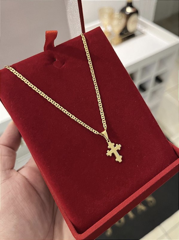 CORRENTE PIASTRINE ( 2mm - 50, 60cm ou 70cm) + PINGENTE  CRUZ PP - BANHADO A OURO 18k