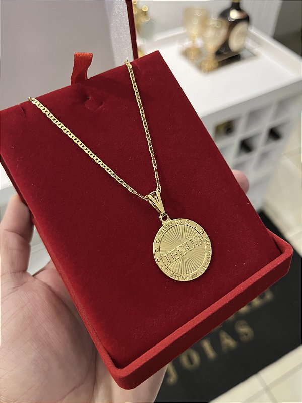 CORRENTE PIASTRINE ( 2mm - 50, 60cm ou 70cm) + PINGENTE  MEDALHA JESUS 3D  - BANHADO A OURO 18k