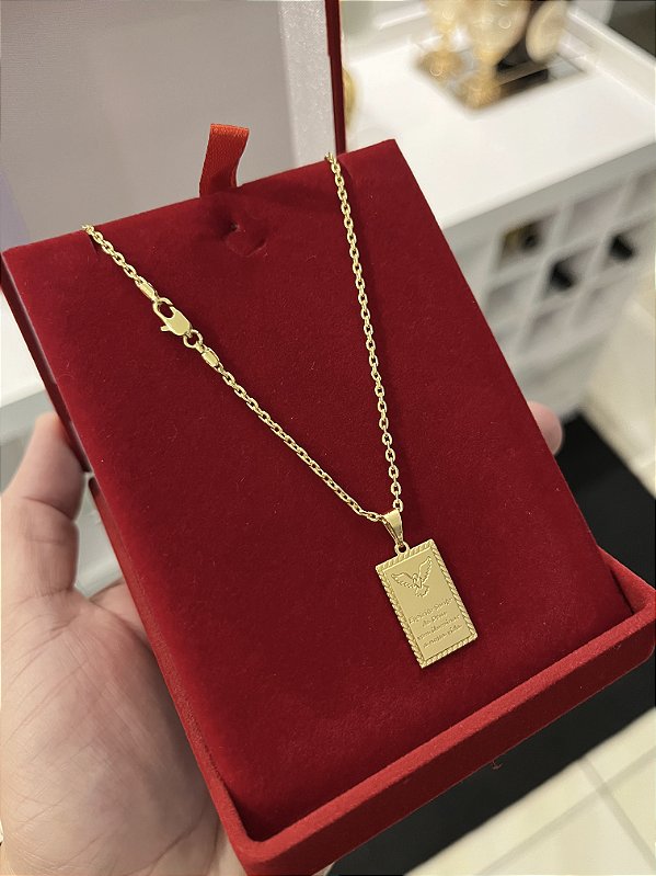 CORRENTE CADEADO (2MM - 50, 60cm ou 70cm) + PINGENTE PLACA ESPIRITO SANTO  - BANHADO A OURO 18k