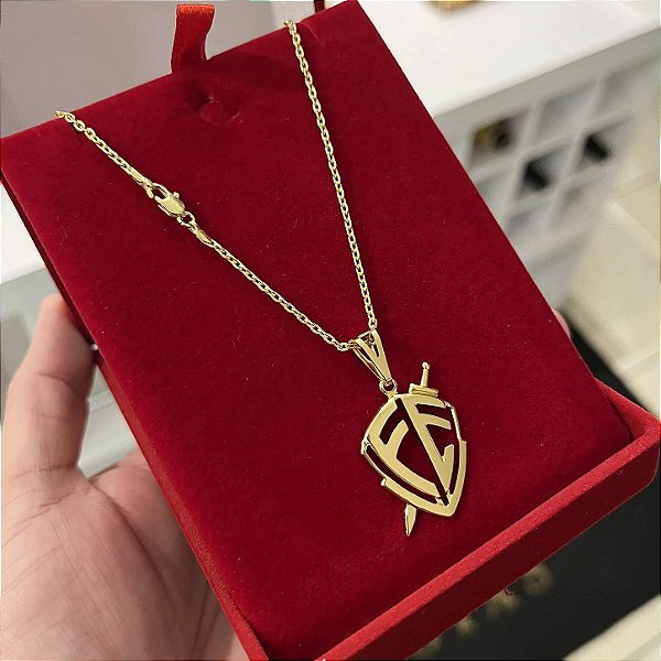 Corrente Cadeado 2mm + Pingente Escudo da Fé – Escolha 50cm, 60cm ou 70cm – Banhada a Ouro 18K