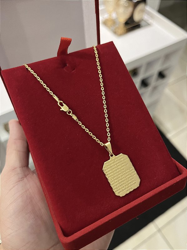 CORRENTE CADEADO (2MM - 50, 60cm ou 70cm) + PINGENTE PLACA COM PAI NOSSO   - BANHADO A OURO 18k