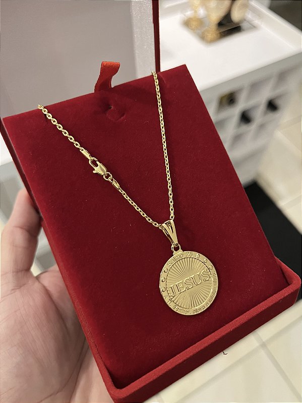 CORRENTE CADEADO (2MM - 50, 60cm ou 70cm) + PINGENTE MEDALHA JESUS  - BANHADO A OURO 18k