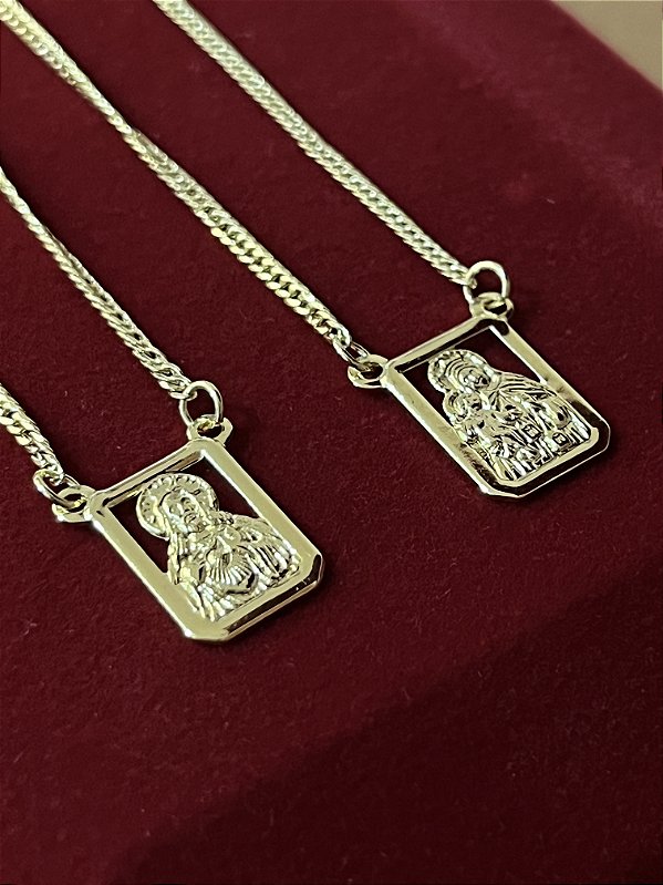 Escapulário Corrente Lacraia 2mm 70cm com Pingentes Sagrado Coração e Nossa Senhora – Banho Ouro 18K