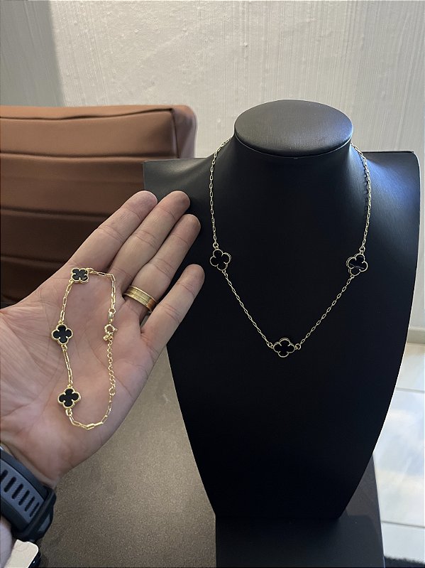 CORRENTE  TREVO BLACK  (2mm -50cm)  + PULSEIRA TREVO BLACK   FECHO GAVETA  2mm -20cm)  - BANHADO A OURO 18K