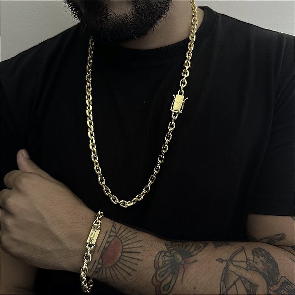Corrente Cadeado 8mm + Pulseira 21cm – Banhada a Ouro 18K