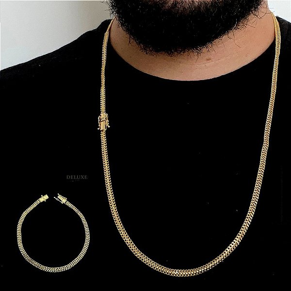 CORRENTE GRUMET  DUPLA FECHO GAVETA (4mm- 70cm)  + PULSEIRA GRUMET  DUPLA FECHO GAVETA (4mm- 20cm)  - FECHO COM MARCAÇÃO 750 - BANHADO A OURO 18K
