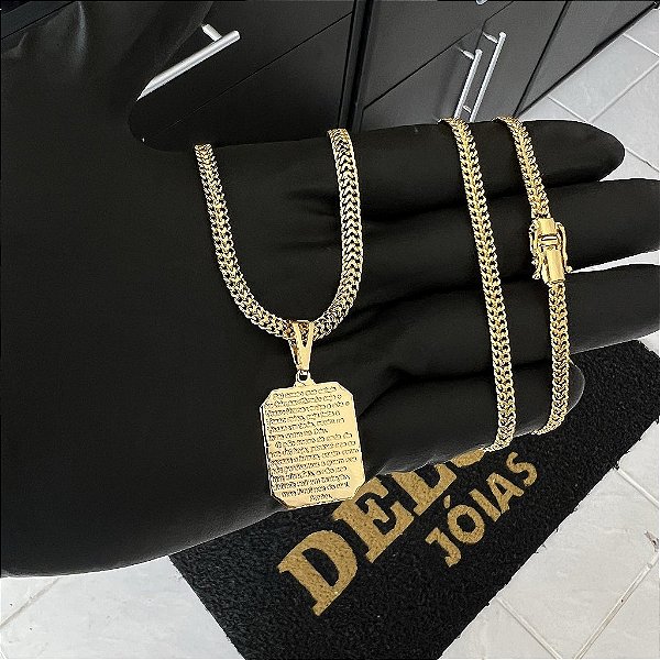 CORRENTE GRUMET DUPLA FECHO GAVETA COM MARCAÇÃO  750 (4mm - 70cm )+ PINGENTE PLACA PAI NOSSO  - BANHADO A OURO 18K