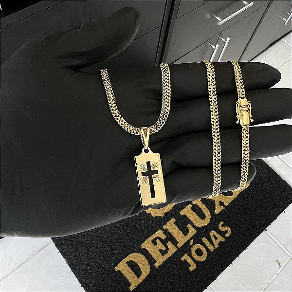 CORRENTE GRUMET DUPLA FECHO GAVETA COM MARCAÇÃO  750 (4mm - 70cm )+ PINGENTE PLACA COM CRUZ VAZADA   - BANHADO A OURO 18K