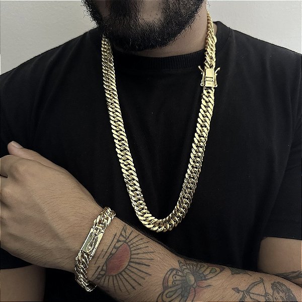 CORRENTE LACRAIA (13mm -70cm)  + PULSEIRA LACRAIA (13mm -20cm) - FECHO COM MARCAÇÃO 750 - BANHADO A OURO 18K
