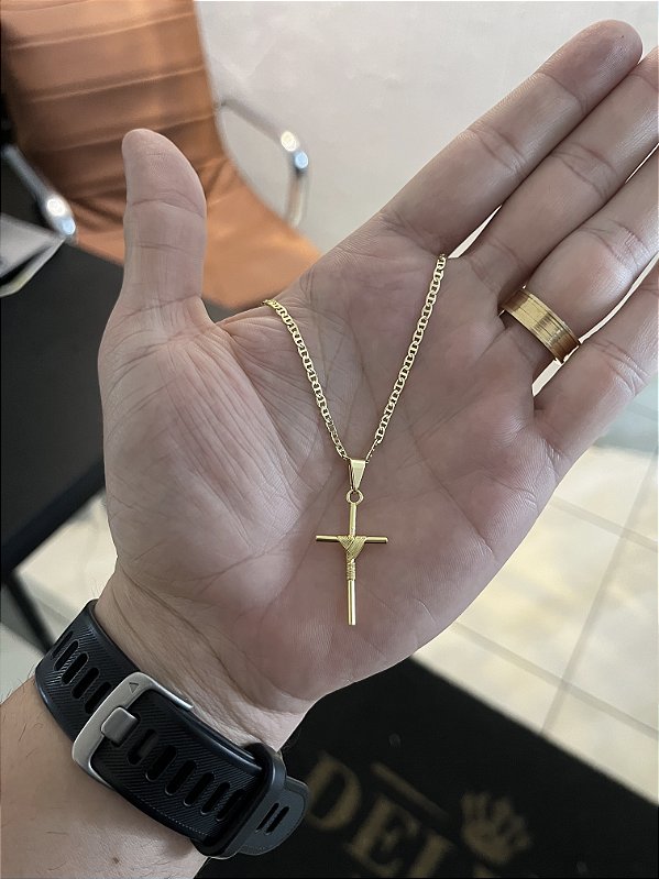 CORRENTE PIASTRINE( 2mm- 70cm) + PINGENTE CRUZ AMARRADA MANTO   P - BANHADO A  OURO 18K.