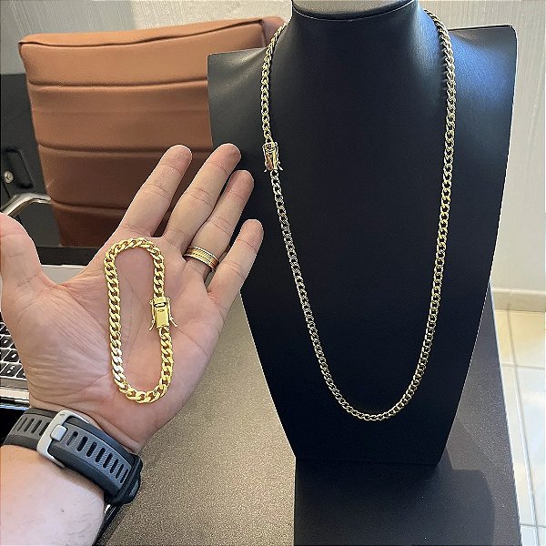 Corrente 6mm 70cm + Pulseira 21cm – Banhada a Ouro 18K
