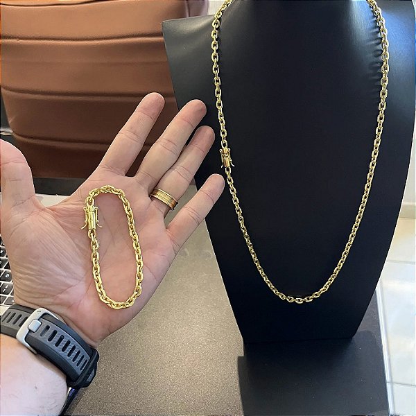 Corrente Cadeado 5mm 70cm + Pulseira 21cm – Banho Ouro 18k