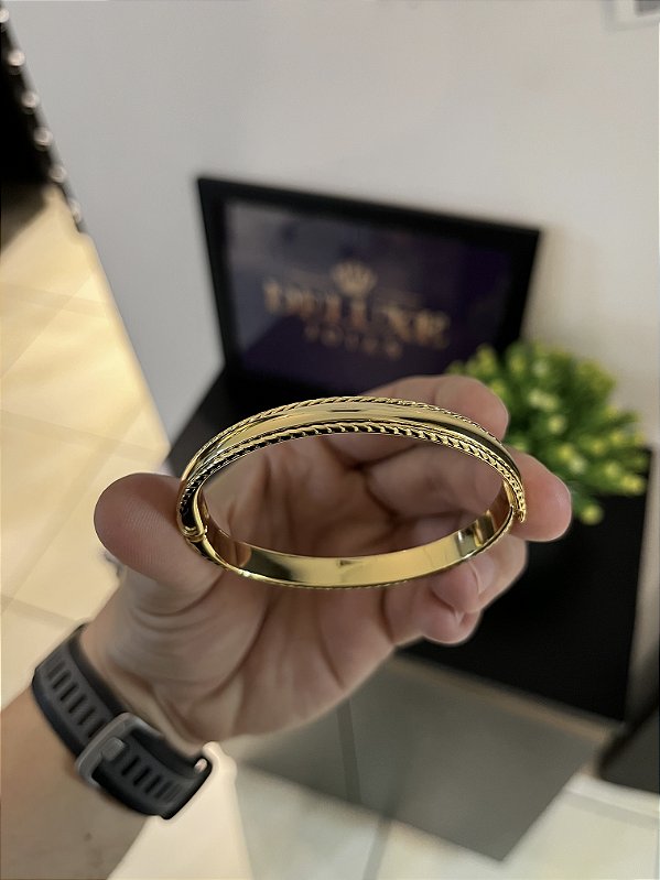 BRACELETE FRISADO  COM BORDA ( 5mm -13g)-21cm - BANHADO A OURO 18K