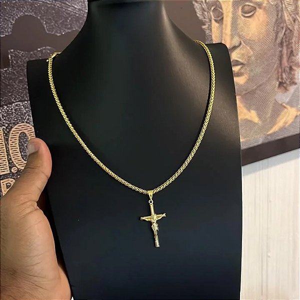 Corrente Peruana 3mm 70cm + Pingente Crucifixo com Jesus – Banhada a Ouro 18K