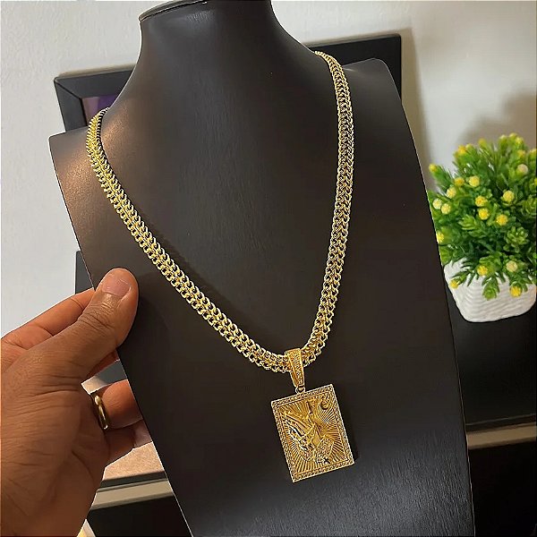 Corrente Grumet 7mm 70cm + Pingente Placa – Banhada a Ouro 18K