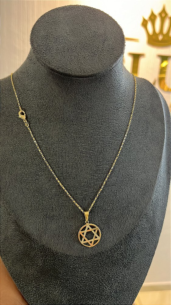 CORRENTE TIJOLINHO  2mm + PINGENTE MEDALHA ESTRELA DE DAVI ( 2mm 50cm FEM ) - BANHO DE OURO 18k