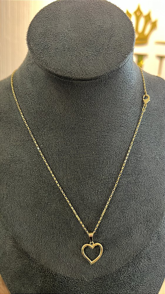 CORRENTE TIJOLINHO 2mm + PINGENTE CORAÇÃO  VAZADO ( 2mm 50cm FEM ) - BANHO DE OURO 18k