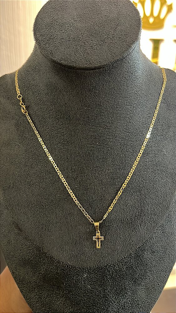 CORRENTE PIASTRINE ( 2mm 50cm FEM ) + PINGENTE CRUZ VAZADA - BANHO DE OURO 18k