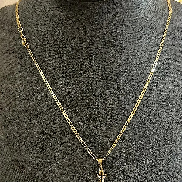 Corrente Piastrine 2mm 50cm + Pingente Cruz – Banhada a Ouro 18K