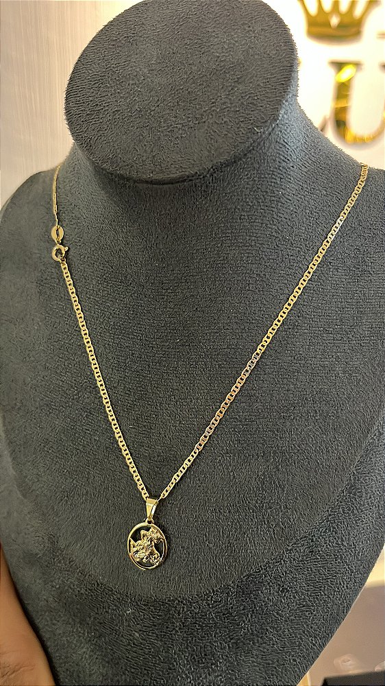 CORRENTE PIASTRINE ( 2mm 50cm FEM ) + PINGENTE SÃO  JORGE - BANHO DE OURO 18k