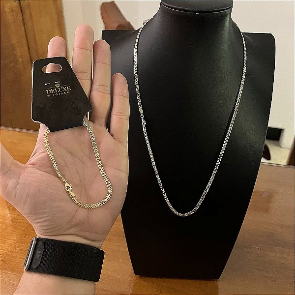 Corrente Grumet 3mm 60cm + Pulseira 21cm – Banhada a Ouro 18K