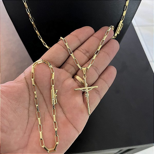 KIT CORRENTE CARTIER 60/70CM + PULSEIRA 21CM + PINGENTE CRUCIFIXO COM JESUS – Banhado a Ouro 18K