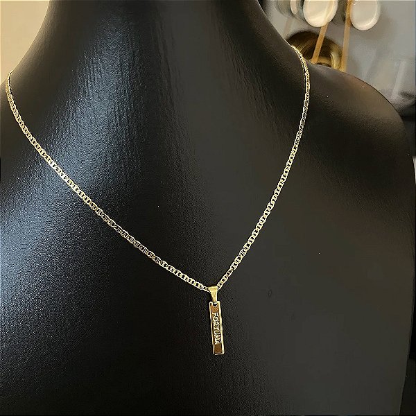 Corrente Piastrine 2mm 50cm + Pingente Plaquinha Fortuna – Banhada a Ouro 18K