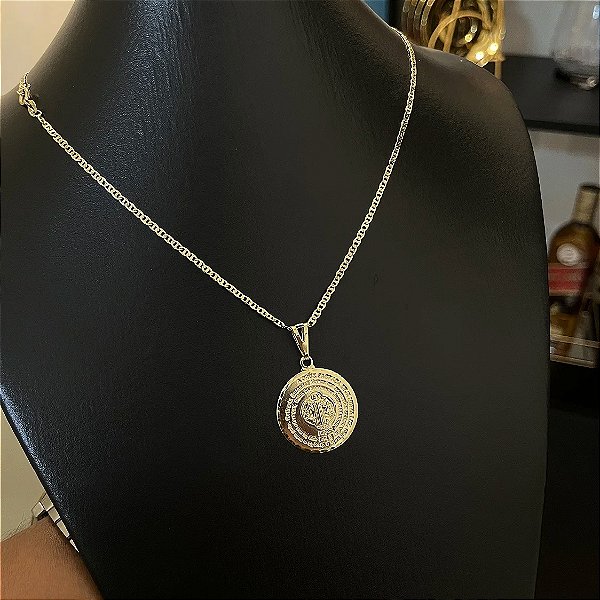 Corrente Piastrine 2mm 50cm + Pingente Medalha São Bento – Banhada a Ouro 18K