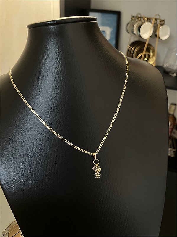 CORRENTE PIASTRINE ( 2mm - 50cm FEM ) + PINGENTE MENINA COM ZIRCÔNIA ROSA - BANHADO A OURO 18K.