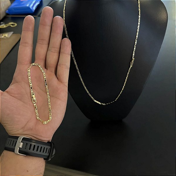 Corrente Piastrine 3mm 70cm + Pulseira 21cm – Banhada a Ouro 18K