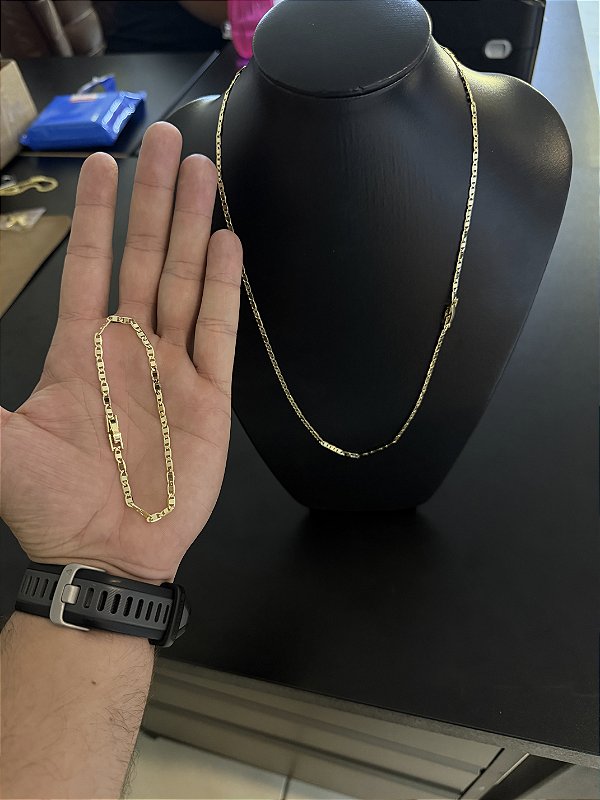 CORRENTE PIASTRINE ( 3mm - 70cm) + PULSEIRA PIASTRINE ( 3mm - 20cm) - BANHADO A OURO 18K