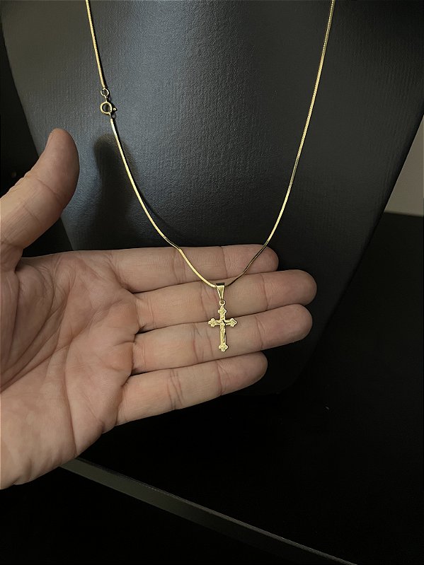 CORRENTE RABO DE RATO (1.8MM - 60cm ou 70cm) + PINGENTE CRUCIFIXO - BANHADO A OURO 18k