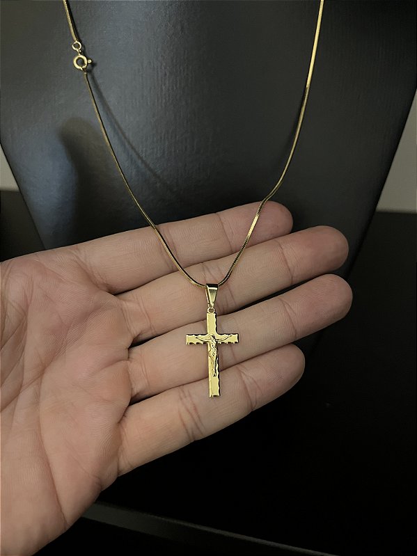 CORRENTE RABO DE RATO (1.8MM - 60cm ou 70cm) + PINGENTE CRUCIFIXO DETALHADO - BANHADO A OURO 18k