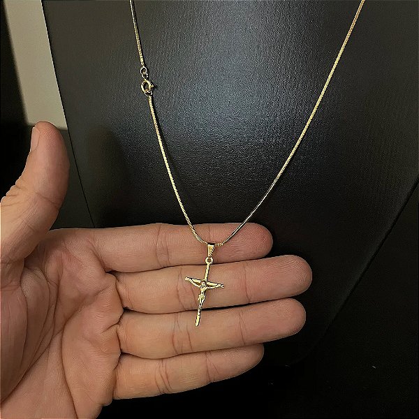 Corrente Rabo de Rato 1.8mm + Pingente Crucifixo com Jesus – Escolha 60cm ou 70cm – Banhada a Ouro 18K