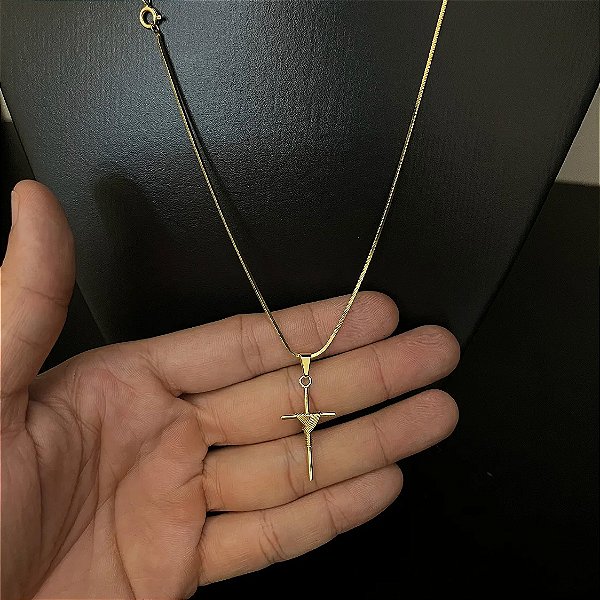 Corrente 1.8mm 60 ou 70cm + Pingente Cruz Trançada – Banhada a Ouro 18K
