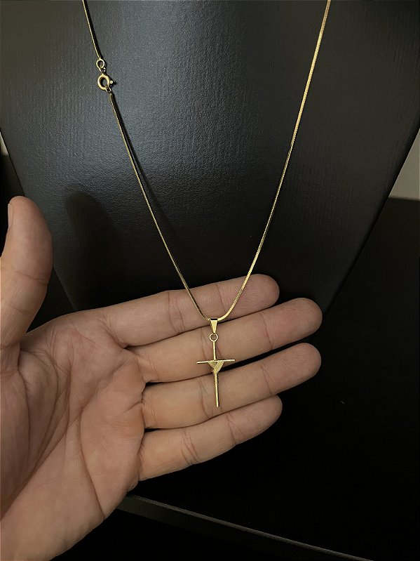 CORRENTE RABO DE RATO (1.8MM - 60cm ou 70cm) + PINGENTE CRUZ AMARRADA - BANHADO A OURO 18k