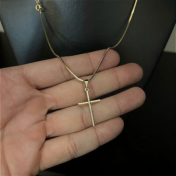Corrente Rabo de Rato 1.8mm + Pingente Cruz Palito – Escolha 60cm ou 70cm – Banhada a Ouro 18K