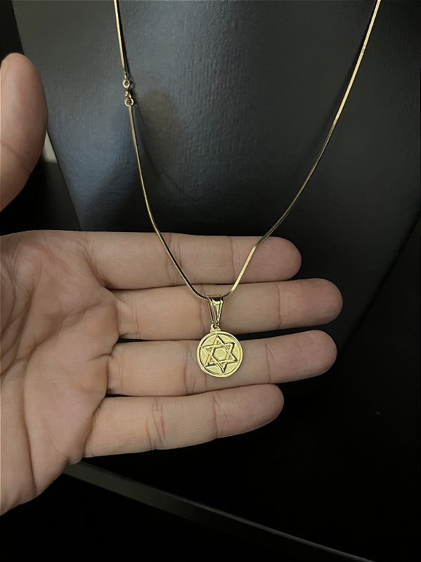 CORRENTE RABO DE RATO (1.8MM - 60cm ou 70cm) + PINGENTE MEDALHA ESTRELA DE DAVI - BANHADO A OURO 18k