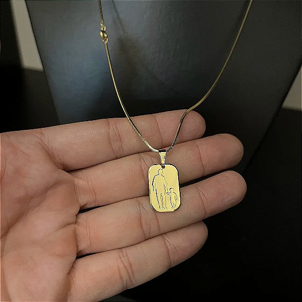 Corrente Rabo de Rato 1.8mm + Pingente Placa Pai e Filho – Escolha 60cm ou 70cm – Banhada a Ouro 18K