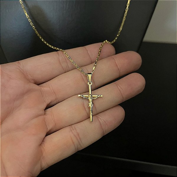 Corrente Tijolinho 1.5mm + Pingente Crucifixo com Jesus – Escolha 50cm, 60cm ou 70cm – Banhada a Ouro 18K