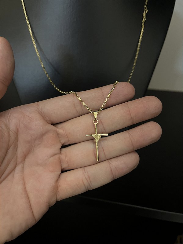 CORRENTE TIJOLINHO (1.5MM-50cm, 60cm ou 70cm +) + PINGENTE CRUZ AMARRADA