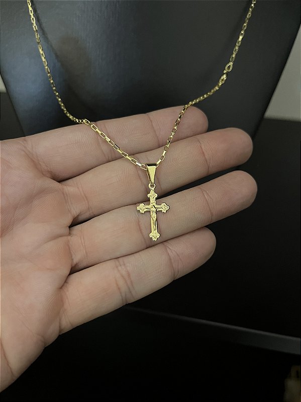 CORRENTE TIJOLINHO (1.5MM-50cm, 60cm ou 70cm +) + PINGENTE CRUZ PP MINI