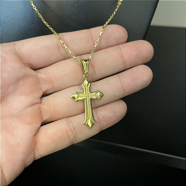 Corrente Tijolinho 1.5mm 50cm + Pingente Cruz – Banhada a Ouro 18K