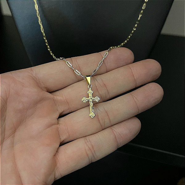 Corrente Cartier 1.5mm 70cm + Pingente Crucifixo Jesus – Banhada a Ouro 18K