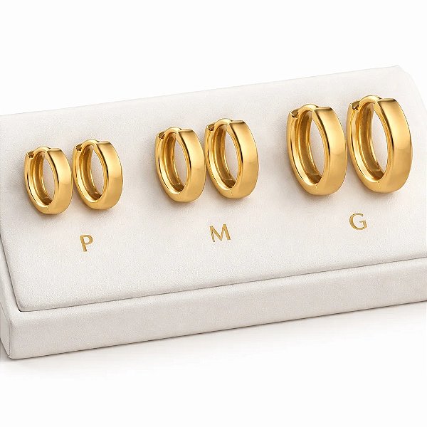 Trio de Brincos Argola Ney Lisa em Tamanhos P, M e G – Banhado a Ouro 18K