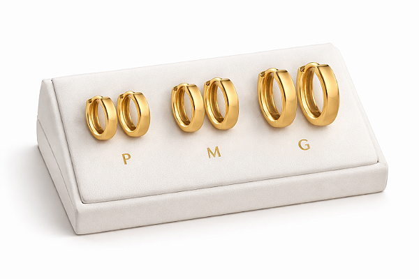 KIT 3 PARES BRINCO ARGOLA LISA P, M E G ANTI ALERGICOS - BANHADO A OURO 18K