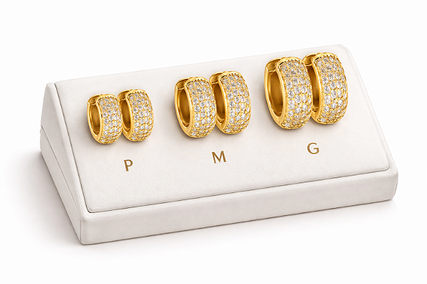 KIT 3 PARES BRINCO ARGOLA CRAVEJADA EM ZIRCONIA PRMIUM P, M E G ANTI ALERGICOS - BANHADO A OURO 18K