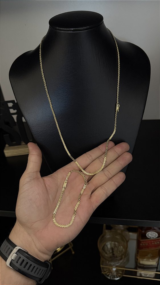 CORRENTE CADEADO DUPLO FECHO GAVETA (3mm- 60CM ou 70CM) + PULSEIRA CADEADO DUPLO FECHO GAVETA (3mm-20CM) - BANHADO A OURO 18K
